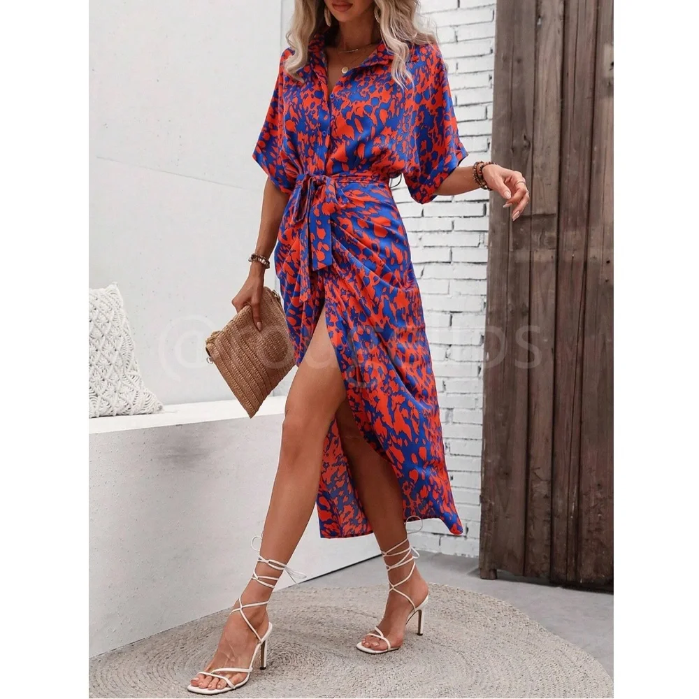 Spotted All Over Print Button Through Tie Belt Ruched Maxi Shirt Dress - Picture 1 of 11